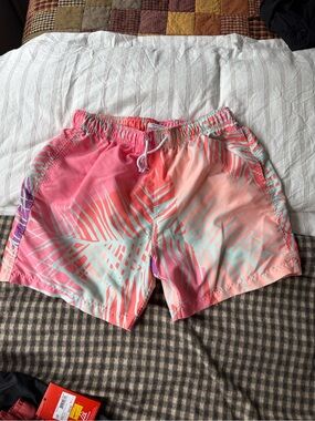 Men’s Pink Tropical Palm Swim Trunks with Drawstring